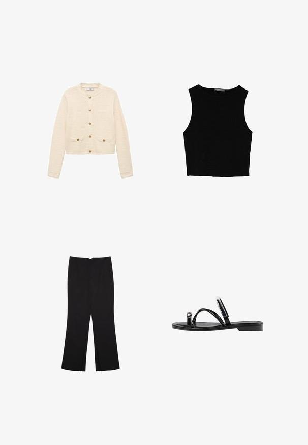Cremefarvet cardigan lavet af tekstureret stof, med lange ærmer, rund halsudskæring, guldknapper og forlommer.; Sort ærmeløs crop top lavet af glat stof, med rund hals og et rent, enkelt design uden mønstre eller hardware.; Sorte bukser med lige pasform, der har frontlommer og slidser i kanten. Lavet af blødt, glat stof. Velegnet til forskellige anledninger.; Sorte flade sandaler med en blank finish, tre tynde stropper og en cirkulær hardwaredetalje ved tæerne. Slankt design med en minimal hæl.