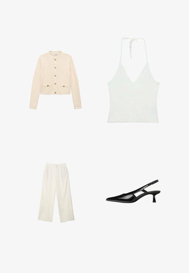Krémový cardigan vyrobený z textúrovaného materiálu, s dlhými rukávmi, okrúhlym výstrihom, zlatými gombíkmi a prednými vreckami.; Biely halterneck top s hlbokým V-dekoltom. Vyrobený z hladkej, ľahkej textílie. Obsahuje nastaviteľné viazanie na chrbte.; Široké nohavice z krémovej látky s hladkou textúrou, s jedným predným gombíkom, jemnými skladmi a vysokým pásom.; Čierne lakované kožené lodičky na podpätku s špicatou špičkou, výrezovým dizajnom na boku a malým štvorcovým podpätkom. Hladký povrch s minimálnymi akcentmi.