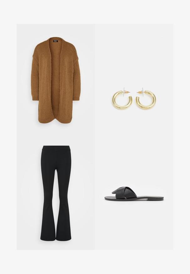 Dolga, odprta kardigan jakna iz mehke, teksturirane rjave pletene tkanine. Ima spuščena ramena in rebraste manšete ter udoben, sproščen kroj.; Dve ženske majice brez rokavov: ena bela in ena črna, narejeni iz mehkega materiala, z majhnimi naramnicami in globokim V-izrezom.; Črne hlače s širokimi hlačnicami, izdelane iz raztegljive tkanine, z visokim pasom in gladko teksturo. Hlače se širijo od kolena navzdol.; Črne natikače brez zadrge s križnim trakom. Narejene so iz gladke usnja z ravnim podplatom in minimalnim šivanjem. Preprost, odprt dizajn za prste.; Zlate uhane v obliki obročkov z gladko, sijočo površino. Krožna zasnova s majhnim nosilcem in prozornim podplatom za varno nošenje.