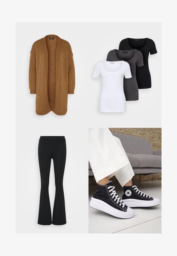 Gara atvērta kardigāna jaka, kas izgatavota no mīkstas, teksturētas brūnas adītas auduma. Tai ir kritusī plecu šuve un ribota uzmava, kā arī ērta, brīva piegriezuma.; Trīs pieguļoši T-krekli baltā, pelēkā un melnā krāsā. Katram ir plaša izgriezuma kakla un īsas piedurknes. Izgatavoti no gluda, elastīga auduma.; Melnas izplešanās bikses, izgatavotas no elastīga auduma, ar augstu vidukli un gludu tekstūru. Bikses izvēršas no ceļa.; Melnas augstās topa kedas ar baltām gumijas zolēm un auklām. Tās ir ar apaļu logotipa uzšuvumu un kontrastējošām baltām šuvēm. Materiāls no kanvas.