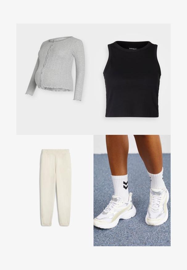 Pelēks ribots grūtnieču kardigans ar apaļu kakla izgriezumu, pogām priekšpusē un volānu apdari ap maliņu. Tam ir gari gaiši piedurkņu un piegulošs siluets.; Melna ribota īsā topa ar apaļu kakla izgriezumu un bez piedurknēm. Izgatavota no mīksta, elastīga auduma, ar tīrām apgrieztām malām.; Gai beidz brūnās sporta bikses, izgatavotas no mīksta auduma, ar elastīgu jostu, apmetnētiem potīšu galiem un mazu baltu logotipu sānos.; Balti sporta apavi ar sudraba akcentiem, no sieta materiāla un masīvu dizainu. Saskaņoti ar baltiem zeķēm ar melniem diogēna rakstiem.