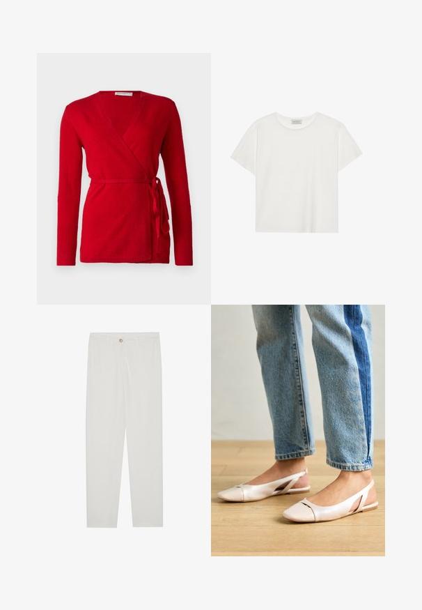 pure cashmere WRAP CARDIGAN - Casaco de malha - lipstick red; T-shirt branca de manga curta feita de algodão macio. Apresenta um decote redondo e um corte descontraído. Design limpo sem padrões ou detalhes visíveis.; Calças brancas, ajustadas, com um design de perna reta, apresentando um fecho de botão, passantes para cinto e bolsos laterais; textura de tecido suave.; Sapatilhas slingback de cor rosa pálido com bico fino, feitas de um material semelhante a couro liso. Apresentam detalhes recortados nas laterais e um salto plano.