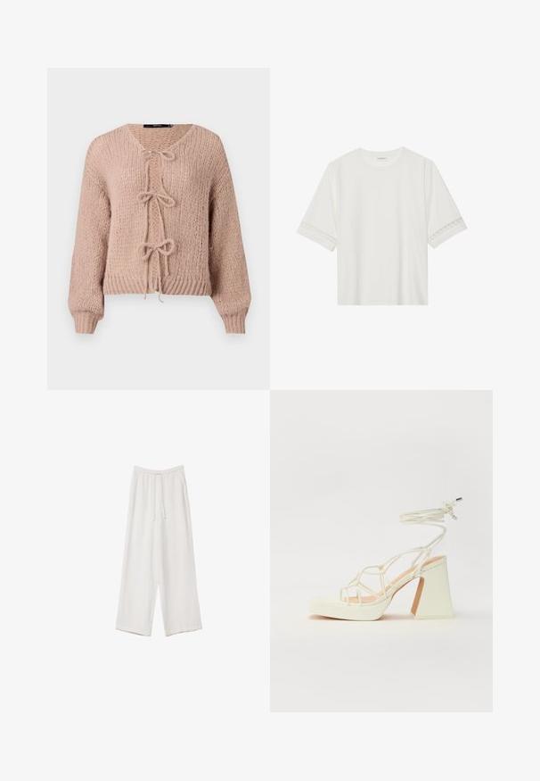 Svetriček v svetlo roza barvi, pleten, z teksturirano površino, z V-izrezom in tremi mašnjami spredaj. Ima dolge rokave in krojen rob.; Bela kratka majica s kratkimi rokavi iz bombaža, okrašena z dekorativnim čipkastim robom ob rokavih in okroglo izrezom.; Bele široke hlače iz lahkega materiala. Imajo elastičen pas s vrvico in stranske žepe. Gladka tekstura.; Bela sandala na visokih petah s debelim petam, ki ima obliko trakcev in vezanje okoli gležnja. Gladka tekstura z platformo spredaj za dodatno višino.