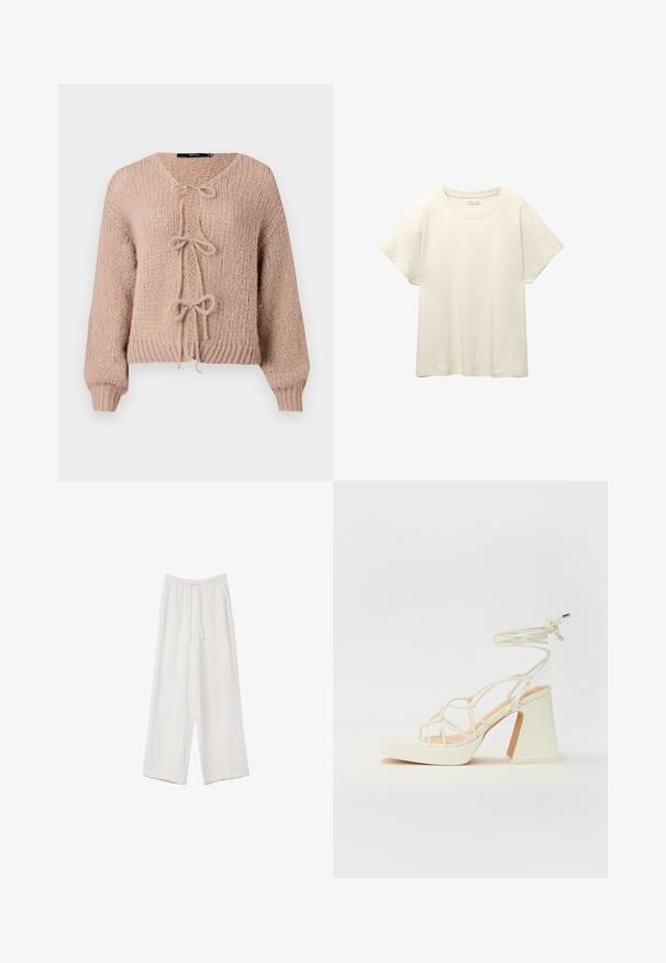 Ljusrosa stickad tröja med en strukturerad yta, v-ringning och tre rosetter fram. Har långa ärmar och en kortad nederkant.; Ljus beige kortärmad t-shirt med rund halsringning, tillverkad av mjuk, slät tyg. Har en avslappnad passform och rak nederkant.; Vita vida byxor i vid passform gjorda av ett lättviktsmaterial. Har en elastisk midja med dragsko och sidofickor. Slät textur.; Vit högklackad sandal med en kraftig klack, med ett remdesign och ankelband. Slät textur med en plattform framtill för ökad höjd.