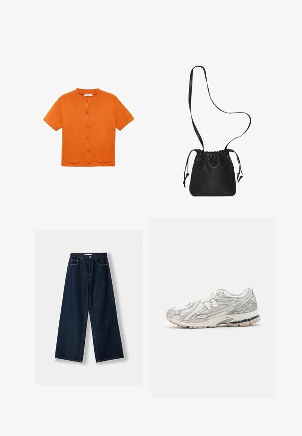 Kortärmad orange cardigan, ribbad rund hals, femknappsstängning, två framfickor, slät stickad textur.; Grå ärmlös kardigan i stickad tyg, med rund halsringning, framknäppning och ribbat nederkant.; Gul långärmad skjorta i mjukt tyg, med krage, knäppningar vid ärmsluten och en plissédetalj på baksidan.; Mörkblå, vida jeans i denim. Har fem fickor, knapp- och dragkedjestängning samt kontrasterande sömmar.; Löparskon har en silver- och vit mesh-överdel med en grön detalj. Sulan är tjock och texturerad, utformad för dämpning och stöd.; Svart läder dragsko väska med en slät textur, justerbar rem och samlad öppning. Kompakt design för avslappnad användning.