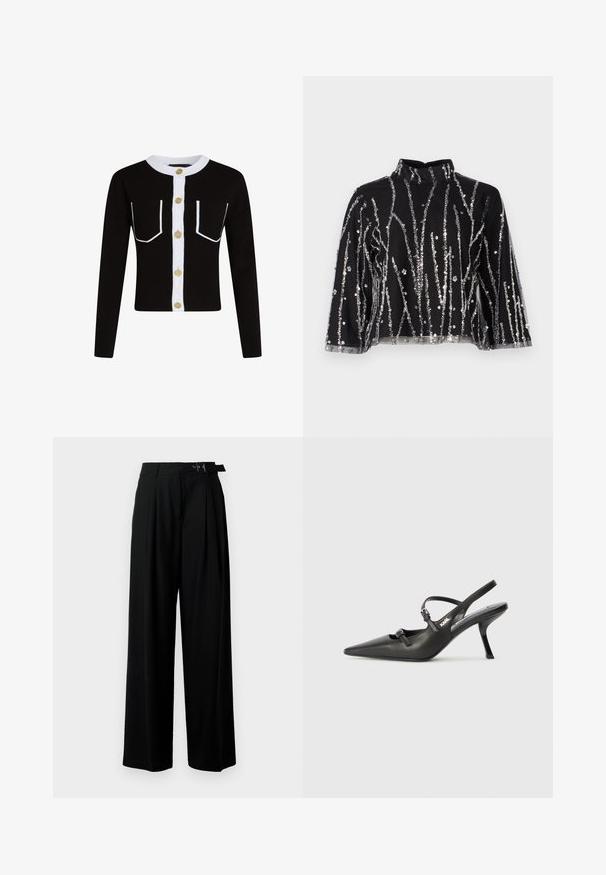Črn kardigan z dolgimi rokavi, bel pritrdilni trak in orisane žepke. Vsebuje zlate gumbe in rebrovani beli ovratnik.; Črn skrajšan top z visokim ovratnikom, ki ima srebrne sequins vertikalne črte, prosojne rokave in teksturirano blago.; Črne široke hlače z visokim pasom, gubami spredaj in pasom z zaponko. Narejene so iz gladkega, lahkega materiala.; Črne usnjene sandale na peto s koničastim nosom, vitko peto in okrasno zaponko na sprednjem delu. Gladka tekstura in eleganten dizajn.