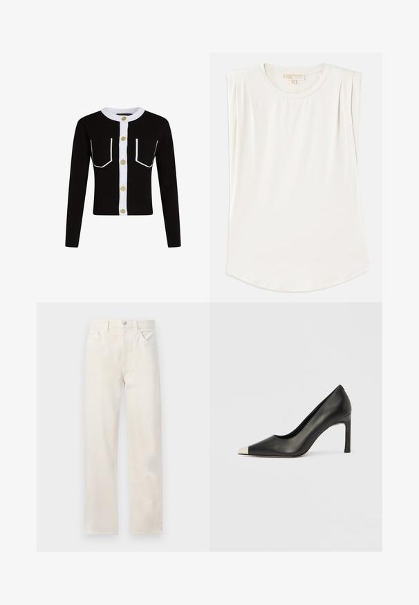 Čierny cardigan s dlhými rukávmi, bielym zapínaním na gombíky a lemovanými vreckami. Obsahuje zlaté gombíky a ryhovaný biely golier.; Biely top bez rukávov vyrobený z hladkej tkaniny, s okrúhlym výstrihom a jemnými skladmi na pleciach, s zakriveným lemom.; Krémové rovné riflové nohavice s piatimi vreckami, pútkami na opasok a zapínaním na gombík a zips v páse.; Čierna kožená lodička s vysokým opätkom, špičkou a kovovou striebornou špičkou. Má hladký povrch a štíhly 10 cm opätok.