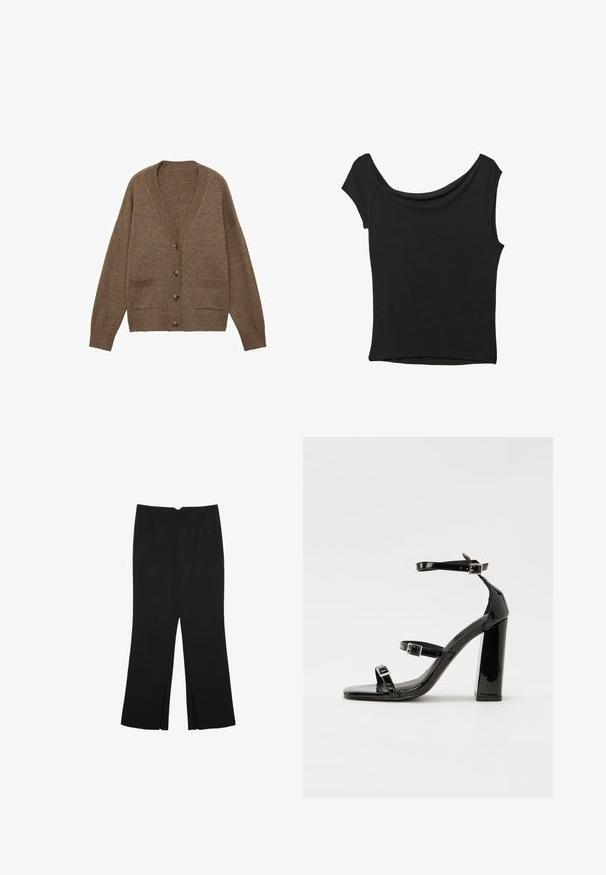 Brauner Wollcardigan mit V-Ausschnitt, fünf Knöpfen und zwei Vordertaschen. Gerippte Bündchen und Saum, lockere Passform, weiche Textur.; Schwarzes Kurzarmoberteil aus glattem Stoff; hat einen drapierten Ausschnitt und einen asymmetrischen Saum, mit einem figurbetonten Körper.; Schwarze Hose mit geradem Schnitt, ausgestattet mit Fronttaschen und Seitenschlitzen am Saum. Hergestellt aus weichem, glattem Stoff. Geeignet für verschiedene Anlässe.; Schwarze patentierte Sandalen mit Absatz, quadratischer Spitze, Knöchelriemen und silbernen Schnallen. Mit einem stabilen Blockabsatz für mehr Stabilität.