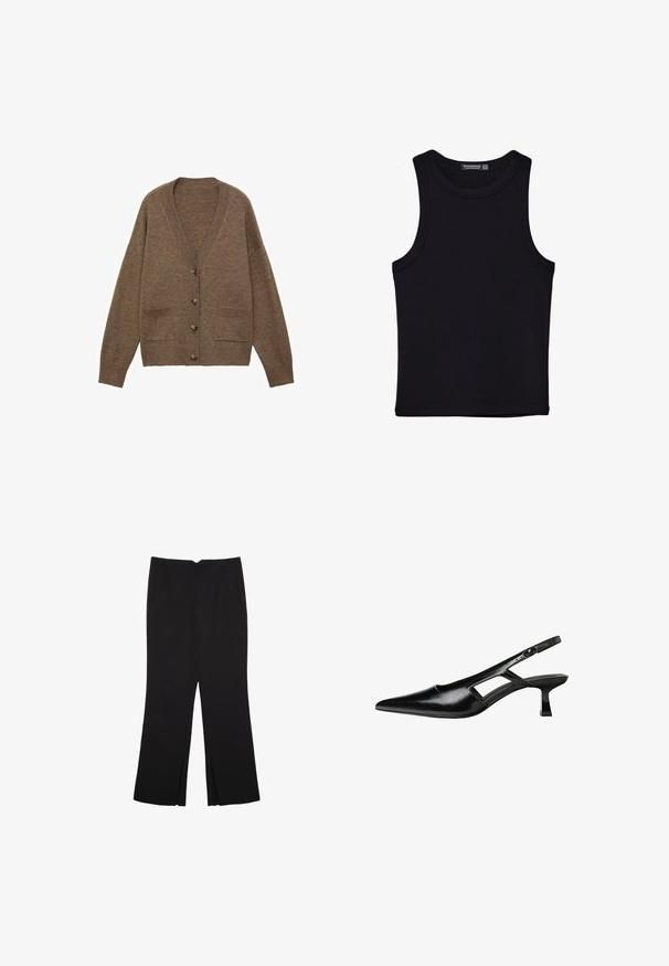 Rjav volnen kardigan z V-izrezom, petimi gumbi in dvema sprednjima žepoma. Ribljen manšeti in rob, sproščen kroj, mehak tekstur.; Črna majica brez rokavov iz bombaža, z okroglim izrezom in širokimi odprtinami za roke. Gladka tekstura s šivi na robovih. Klasičen, minimalističen dizajn.; Črne hlače ravnega kroja z naglavnimi žepi in stranskimi razporki na robu. Narejene iz mehke, gladke tkanine. Primerne za različne priložnosti.; Črne patentični usnjeni salonarji s slingback designom, z zašiljenim nosom, izrezanim stranskim dizajnom in majhnim kvadratnim peto. Gladka tekstura z minimalnimi detajli.