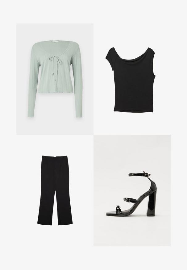 Lichtgroene, langetermijncrop top met een ribbeltextuur, een ronde halslijn en een striksluiting aan de voorkant.; Zwart korte mouwen top gemaakt van een gladde stof; met een gedrapeerde halslijn en een asymmetrische zoom, met een getailleerd lijfje.; Zwarte broek met een rechte pasvorm, voorzien van zijzakken en plooien aan de onderzijde. Gemaakt van zachte, gladde stof. Geschikt voor verschillende gelegenheden.; Zwarte gepatenteerde sandalen met hak en een vierkante neus, enkelbandjes en zilveren gespen. Heeft een stevige blokhak voor stabiliteit.