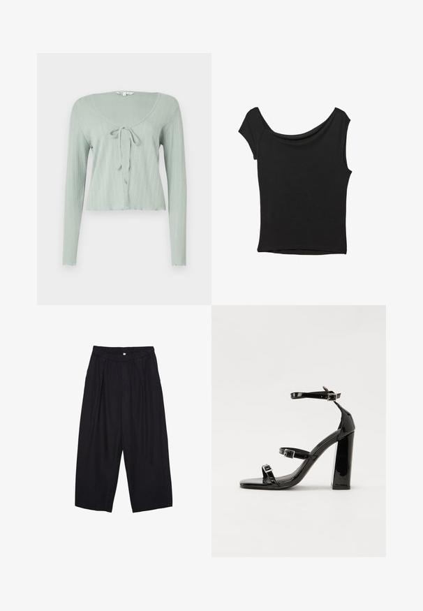 Vaaleanvihreä, pitkähihaisesti cropped-kulho, jossa on ribbitekstuuri, pyöreä kaulus ja solmittava etulukitus.; Musta lyhythihainen paita, joka on valmistettu sileästä kankaasta; siinä on laskeutuva kaula-aukko ja epäsymmetrinen helma, sekä istuva malli.; Musta polyesterinen culotte-housut, jossa on joustava vyötärö, kaksi etupleettiä ja löysä siluetti. Ei näkyviä kuvioita tai metallisia yksityiskohtia.; Musta kiiltävä korkokenkä sandaalit neliönmuotoisella varpaalla, nilkkaremmillä ja hopeisilla soljilla. Varustettu tukevalla lohkokorkealla vakauden takaamiseksi.