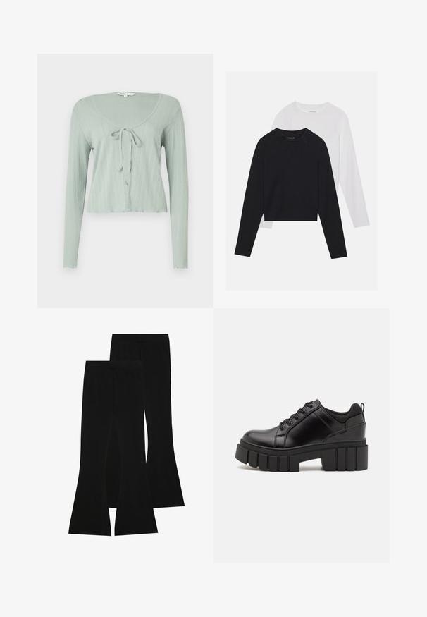 Light green, long-sleeve crop top with a ribbed texture, a round neckline, and a tie-front closure.; Two long-sleeved shirts: one black and one white. Both feature a crew neck, raglan sleeves, and a soft cotton blend fabric.; Black flared pants made of stretch fabric, featuring a high waistband and a smooth texture, with a fitted design that flares from the knee.; Black leather platform shoes with a chunky block heel, round toe, and traditional lace-up design. Features smooth texture and minimal detailing.