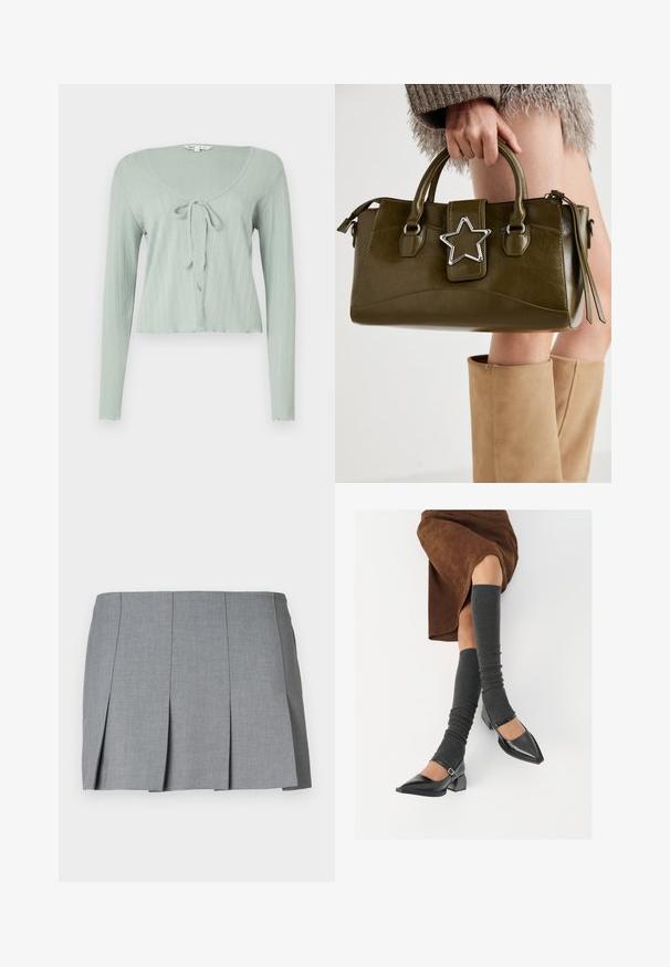 Svijetlo zelena, dugih rukava, kratka majica s rebrastom teksturom, okruglim izrezom i vezanjem sprijeda.; Siva, majica s kratkim rukavima napravljena od meke mješavine pamuka. Okrugli izrez, opušteni kroj s glatkom teksturom i minimalnim dizajnom.; Siva plisirana suknja s glatkom teksturom, strukturnim dizajnom i prilagođenim strukom. Izrađena je od laganog materijala s suptilnim uzorkom.; Crne lakirane cipele s šiljastim prstima, blok-petom i remenom oko gležnja, uparene s sivim rebrastim čarapama do koljena i smešnom suknjom od antilopa.; Maslinasto zelena torba od umjetne kože s srebrnim zvijezdastim detaljem, dvostrukim ručkama i zatvaranjem na munje. Teksturirana površina i strukturirani oblik.