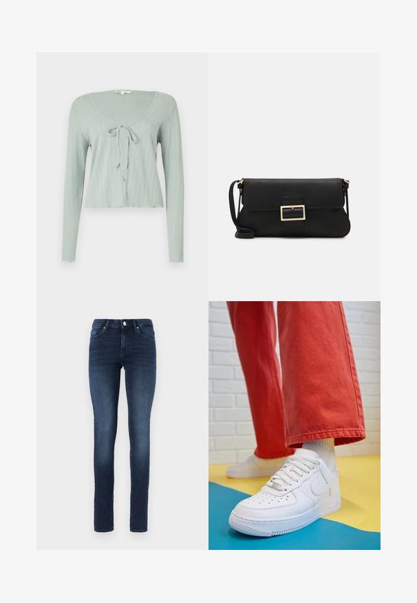 Light green, long-sleeve crop top with a ribbed texture, a round neckline, and a tie-front closure.; White sleeveless tank top made of ribbed fabric, featuring a rounded neckline and a fitted silhouette, with minimal seams and no embellishments.; Dark blue skinny jeans made of denim, featuring a classic five-pocket design, button fly, and subtle fading on the thighs.; White leather sneaker with perforated toe box, textured sole, and white laces, paired with wide red pants and a blue and yellow background.; Black leather clutch bag with a flap and a gold metal buckle detail. Includes a black strap and a sleek, minimalist design.; Silver hoop earrings with a twisted design, featuring a polished finish and post-back closure. Measure approximately 3 cm in diameter.