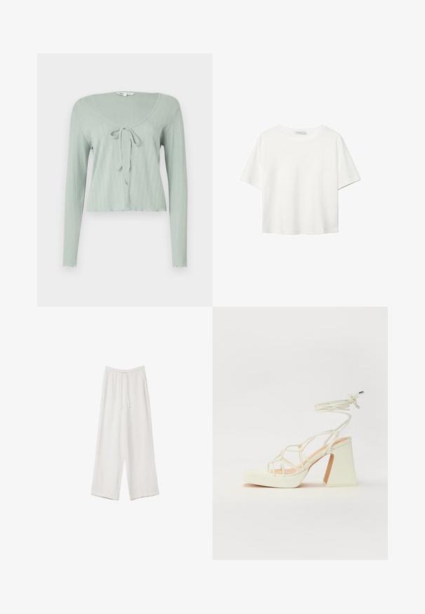 Light green, long-sleeve crop top with a ribbed texture, a round neckline, and a tie-front closure.; White short-sleeve t-shirt made of cotton. Features a crew neckline and a relaxed fit. Smooth texture with no visible patterns or accents.; White wide-leg trousers made from a lightweight fabric. Features an elastic waistband with a drawstring and side pockets. Smooth texture.; White high-heeled sandal with a chunky heel, featuring a strappy design and ankle tie. Smooth texture with a platform front for added height.