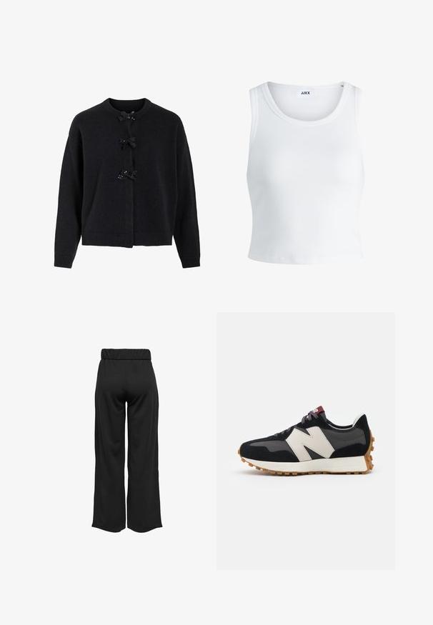 Melnas adītas kardigānas ar apaļo dekoltē un trim dekorētām pogām, kas rotātas ar melniem līkumiem un paildzinājumiem. Brīvs piegriezums ar ribotiem piedurknēm.; Balts ribots topiņš ar apaļu kakla izgriezumu, bez piedurknēm un īsā garumā. Uz birkas ir rakstīts "JJXX." Gluda auduma tekstūra.; Melnas, platas bikses ar elastīgu jostu, izgatavotas no gludas auduma. Iespējamā tīra dizaina ar bez kabatām un redzamām šuvēm.; Melnas un pelēkas zamšādas sporta kurpes ar lielu krēmkrāsas "N" logotipu, purpura šņorēm un strukturētu gumijas zoli.