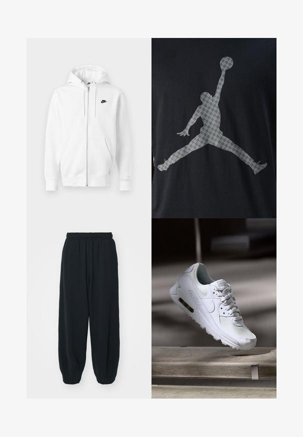 Fehér cipzáras kapucnis pulóver, puha anyagból készült, bal mellrészen fekete Nike logóval és két elülső zsebbel. Állítható kapucni, húzózsinórral.; Fekete póló, amelyen egy nagy szürke sziluett látható, amint egy ugráló figura kosárlabdát tart a kezében, a dizájnon textúrázott mintázat található.; Fekete, rugalmas derékpántos melegítőnadrág, laza fit, véget érő szárakkal, sima textúrával, látható minták vagy hardver díszek nélkül.; Fehér Nike Air Max 90 sneaker, amely hálós és bőr felsőrésszel, perforált orr-résszel és látható légpárnás egységgel rendelkezik a saroknál.