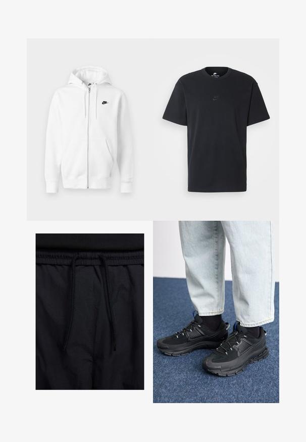 Hvid lynlåshættejakke lavet af blødt bomuldsblend. Har et sort Nike-logo, forlommer og justerbar snøre i hætten. Glat tekstur.; Nike sort bomulds t-shirt med en klassisk rund hals, korte ærmer og et diskret, præget logo på brystet. Glat tekstur.; Sorte shorts med snoretræk i taljen, letvægtsstof med en glat tekstur og et simpelt design uden synlige logoer eller mønstre.; Sorte træningssko med tekstureret stof og gummisåler, udstyret med elastiske snørebånd og en blå detalje på hælen. Bæres med lyse denimbukser.