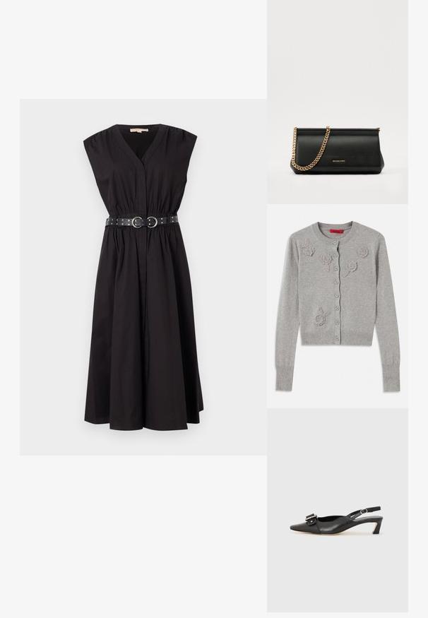 Šviesiai pilkas mygtukų kardiganas su ilgomis rankovėmis ir tekstūruotais gėlių aplikacijomis priekyje, gulančiu apykakle, rankogaliais ir briauna.; Juoda be rankovių suknelė su V formos iškirpte, prigludusia liemene ir plačia, diržu akcentuota liemene, papuošta sidabrinėmis smeigėmis. Išgaubta A formos sijonas.; Juodas odinis slingback batelis su smailiu nosiu, maža pakulne ir dekoratyvine sagtimi viršuje. Lygus paviršius, minimalistas dizainas.; Juodas odinis delninukas su auksine grandine, turintis lygų paviršių, stačiakampį išmatavimą ir įspaustą prekės ženklą priekyje.