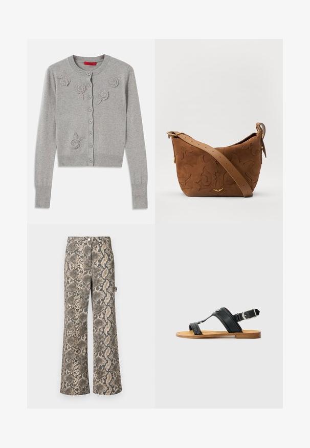 Lichtgrijze button-up cardigan met lange mouwen en gewatteerde bloemapplicaties aan de voorkant, geribde kraag, manchetten en zoom.; Bruine faux leren overhemdjas met een kraag, sluiting met knopen aan de voorkant en twee borstzakken. Heeft een gladde textuur en een getailleerde pasvorm.; Brede broek in een faux slangenleerpatroon, met tinten bruin en zwart, een gladde textuur en een standaard tailleband.; Zwarte leren sandaal met verstelbare gesp, platte beige zool en twee brede banden die over de voet kruisen, minimalistisch ontwerp.; Bruine suède schoudertas met een geperst bloemmotief, aangevuld met een gladde bruin leren schouderband en accenten in goudkleurig metaal.