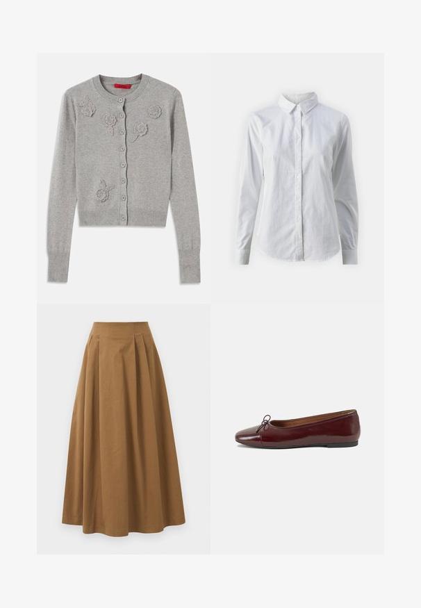 Cardigan grigio chiaro con bottoni, maniche lunghe e applicazioni floreali testurizzate sul davanti, colletto, polsini e orlo a costine.; Camicia bianca con bottoni, realizzata in cotone liscio, dotata di un colletto classico, maniche lunghe e orlo curvo. I bottoni sono piccoli e bianchi.; Gonna A-line in cotone marrone con vita alta, caratterizzata da pince sulla parte anteriore e una texture liscia. Le finiture dell'orlo sono pulite e semplici.; Ballerine in pelle verniciata bordeaux con punta arrotondata, piccolo fiocco decorativo sulla parte anteriore e suola bassa in gomma nera. Texture liscia.