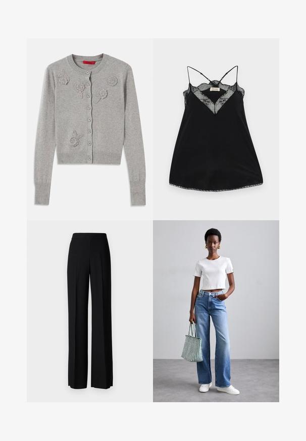 Lys grå knapp-up cardigan med lange ermer og teksturerte blomsterapplikasjoner på fronten, ribbestrikket krage, mansjetter og kant.; Svart camiset med justerbare stropper, med en dyp utringning i blonde og bølgede kanter. Glatt stoff med en lett glans.; Sorte vidde bukser med en glatt tekstur, med høy midje og sentrale folder. Ingen synlige mønstre eller maskinvaredetaljer.; Hvit ribbet cropped t-skjorte, lyseblå vide jeans og hvite joggesko. Holder en grønn og hvit stripete totebag.