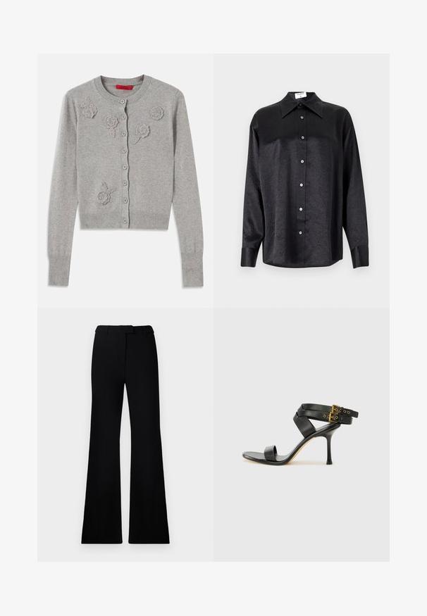 Gilet boutonné gris clair avec des manches longues et des appliqués floraux texturés à l'avant, col, poignets et ourlet côtelés.; Chemise noire à manches longues avec un col, présentant une texture froissée, une fermeture à boutons sur le devant et des poignets. Fabriquée en tissu lisse.; Pantalons évasés noirs avec une texture lisse, une taille cintrée et des poches avant, conçus avec une silhouette moderne et élégante.; Sandale à talons noirs avec des straps croisés et une boucle ajustable. Elle présente une texture lisse et un talon aiguille effilé.