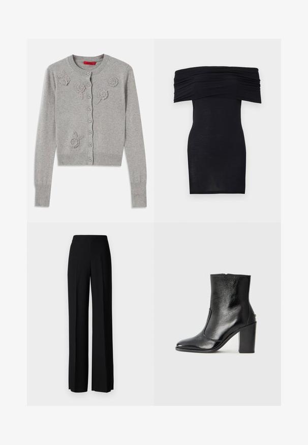 Hellgrau button-up Cardigan mit langen Ärmeln und strukturierten Blumenapplikationen auf der Vorderseite, geripptem Kragen, Bündchen und Saum.; Schwarzes schulterfreies Kleid mit gerafften Details an der Brust, figurbetontem Schnitt und glatter, leichter Stoffstruktur.; Schwarze weite Hosen mit einer glatten Textur, ausgestattet mit einem hohen Bund und mittleren Falten. Keine sichtbaren Muster oder Hardware-Details.; Schwarze Leder-Stiefelette mit glatter Textur, spitzem Fuß und klobigem hohen Absatz. Verfügt über eine seitliche Öffnung und ein minimalistisches Design.