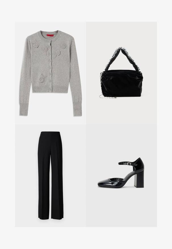 Svetlošedý cardigán na gombíky s dlhými rukávmi a textúrovanými kvetinovými aplikáciami na prednej strane, rebrovaným golierom, manžetami a lemom.; Čierne šaty bez ramienok s riaseným výstrihom, tesný strih a hladká textura. Minimalistický dizajn, dĺžka po kolená bez ďalších ozdôb.; Čierne široké nohavice s hladkým povrchom, s vysokým pásom a stredovými skladmi. Žiadne viditeľné vzory ani hardvérové detaily.; Čierne lakované dámske topánky na vysokom opätku so štvorcovou špičkou, remienkom okolo členku a masívnym opätkom. Obsahuje perforované detaily pozdĺž lemu.; Čierna kabelka z umelého kože s textúrovaným povrchom, s perlovým strieborným akcentom pozdĺž vrchnej rukoväte a reťazovým popruhom.