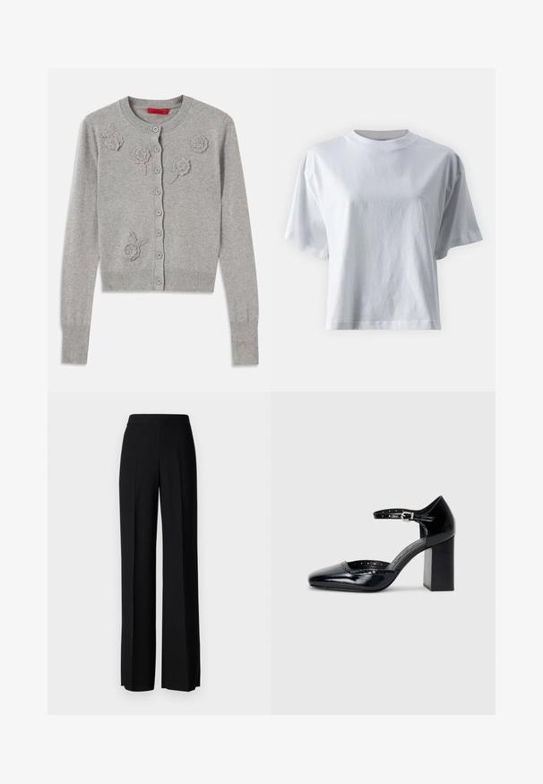 Hellgrau button-up Cardigan mit langen Ärmeln und strukturierten Blumenapplikationen auf der Vorderseite, geripptem Kragen, Bündchen und Saum.; IVY OAK KYLA - T-Shirt basic - bright white; Schwarze weite Hosen mit einer glatten Textur, ausgestattet mit einem hohen Bund und mittleren Falten. Keine sichtbaren Muster oder Hardware-Details.; Schwarze patentierte Leder-High Heels mit quadratischer Zehenform, Knöchelriemchen und dicker Absatz. Enthält durchbrochene Details entlang des Randes.