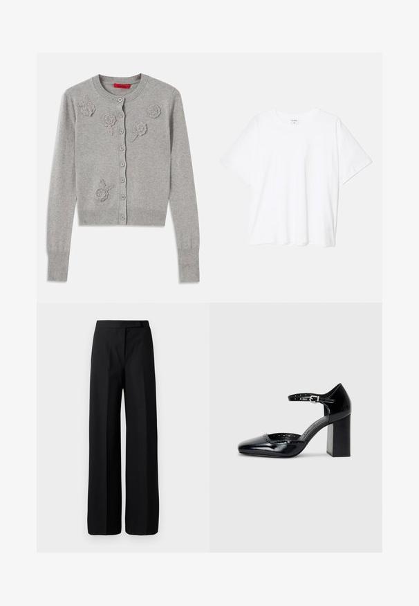 Hellgrau button-up Cardigan mit langen Ärmeln und strukturierten Blumenapplikationen auf der Vorderseite, geripptem Kragen, Bündchen und Saum.; Weißes Baumwoll-T-Shirt mit kurzen Ärmeln, runder Halslinie, lockerer Passform und genähtem Saum. Etikett sichtbar am inneren Kragen.; Schwarze weit geschnittene Hosen aus glattem, mattem Material. Flacher Bund ohne sichtbare Hardware oder Muster. Einfaches und elegantes Design.; Schwarze patentierte Leder-High Heels mit quadratischer Zehenform, Knöchelriemchen und dicker Absatz. Enthält durchbrochene Details entlang des Randes.