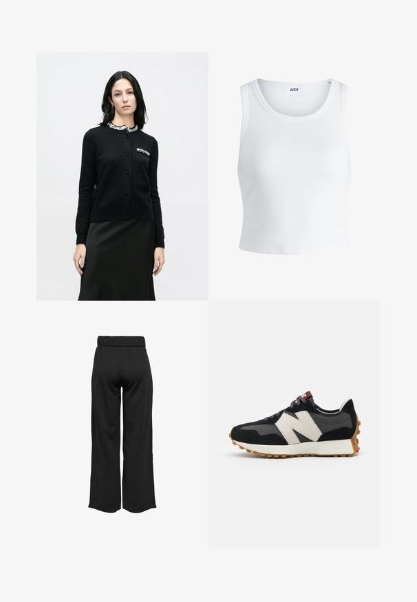 Zwarte cardigan gemaakt van zachte gebreide stof, voorzien van een kraag en zak met pailletten, met een aansluitend ontwerp en knoopsluiting.; Witte geribbelde tanktop met een ronde hals, zonder mouwen en een cropped lengte. Label draagt "JJXX." Gladde stoftextuur.; Zwarte, wijde broek met een elastische tailleband, gemaakt van gladde stof. Heeft een strakke uitstraling zonder zakken of zichtbare stikseldetails.; Zwarte en grijze suède sneaker met een groot crèmekleurig "N"-logo, paarse veters en een gestructureerde rubberen zool van gum.