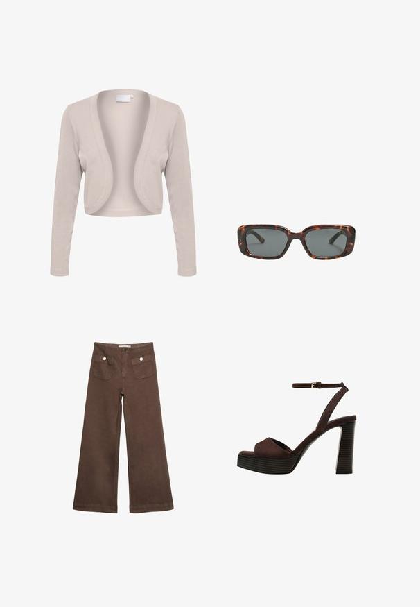 Beige verkürzter Cardigan mit langen Ärmeln, offenem Design, gerippter Textur und weichem Stoff. Keine Verschlüsse oder sichtbaren Muster.; Helles beige T-Shirt mit kurzen Ärmeln und Rundhalsausschnitt, aus weichem, glattem Stoff gefertigt. Verfügt über eine lockere Passform und einen geraden Saum.; Braune weit geschnittene Hosen aus Baumwolle, mit zwei Fronttaschen mit silbernen Knöpfen und einer glatten Textur.; Braune Wildleder-Pumps mit offenem Zeh, verstellbarem Knöchelriemen und gestreiftem Plateausohlen.; Sonnenbrille im Schildpatt-Design mit rechteckigen Gläsern, dicken Rahmen und dunkelgetönten Gläsern. Glatte Textur und minimalistisches Design.