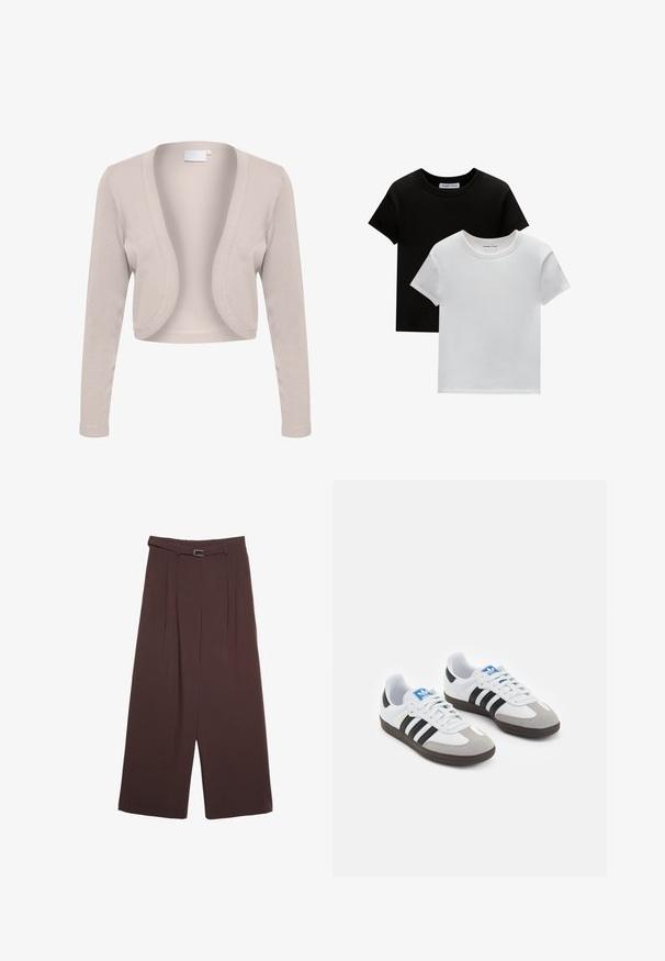 Bežový zkrácený kardigan s dlouhými rukávy, otevřeným předním designem, žebrovanou texturou a měkkou tkaninou. Žádné zapínání ani viditelné vzory.; Dvě trička s kulatým výstřihem v černé a bílé barvě, vyrobená z bavlny. Mají krátké rukávy a jednobarevný design bez vzorů nebo akcentů.; Stradivarius WIDE-LEG WITH BUCKLE DETAIL  - Kalhoty - dark brown; Sportovní boty s bílým koženým svrškem, šedou semišovou špičkou a třemi černými pruhy. Obsahují modré logo na jazyku a texturovanou gumovou podrážku.