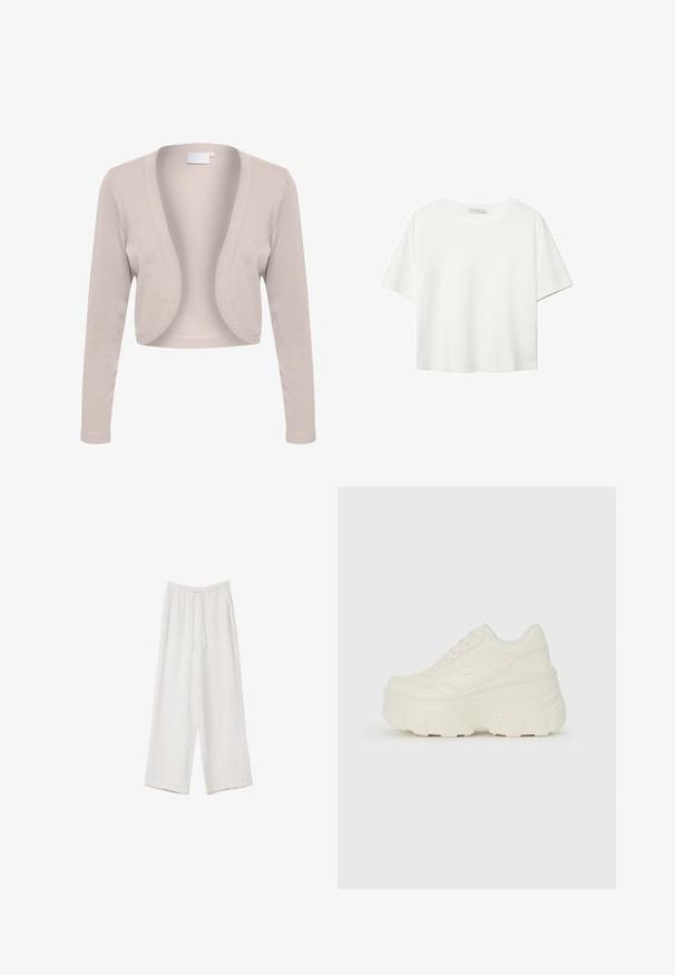Bež prugasti kardigan sa dugim rukavima, otvorenog prednjeg dizajna, reljefne teksture i mekanog materijala. Nema kopčanja ili vidljivih uzoraka.; Bijela majica kratkih rukava od pamuka. Ima okrugli izrez i opušteni kroj. Glatka tekstura bez vidljivih uzoraka ili naglasaka.; Bijele hlače širokih nogavica napravljene od lagane tkanine. Imaju elastičan pojas s ušicom i bočne džepove. Glatka tekstura.; Bijele platformske tenisice s glatkim gornjim dijelom koji nalikuje koži, zaobljenim oblikom, podstavljenim okvirom i teksturiranim gumeni potplat s definiranom profilacijom.