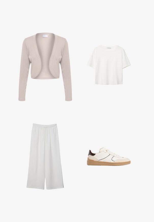 Beżowy krótki kardigan z długimi rękawami, otwarty przód, prążkowana tekstura i miękki materiał. Brak zapięć lub widocznych wzorów.; Biała koszulka z krótkim rękawem, wykonana z bawełny. Posiada okrągły dekolt i luźny krój. Gładka faktura bez widocznych wzorów czy akcentów.; Białe szerokie spodnie wykonane z lekkiego materiału, z elastyczną talią i sznurkiem do regulacji fasonu. Gładka tekstura.; Stradivarius - Sneakersy niskie