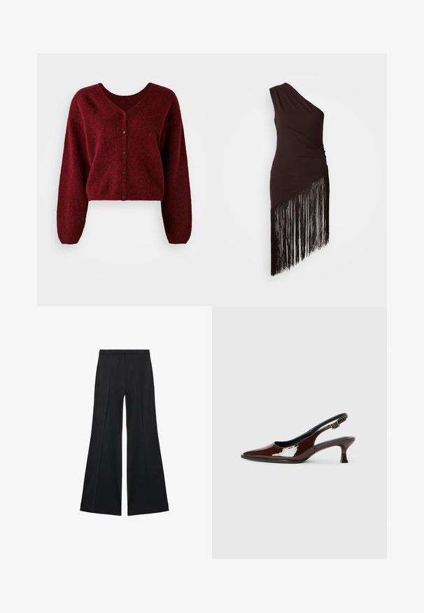 Cropped burgundy cardigan made of fluffy material with a V-neck, button closure, and long, loose sleeves.; One-shoulder dark brown dress with ruched texture and an asymmetrical hem featuring long black fringe accents. Smooth fabric.; Black wide-leg pants with a smooth texture, featuring front pleats and a tailored design. The fabric is lightweight and flowy.; Brown patent leather slingback shoe with a pointed toe and a moderate heel. Features a buckle strap for secure fit. Smooth texture.