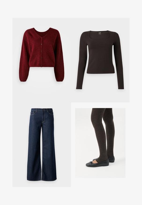 Geknipte bordeaux cardigan gemaakt van pluizig materiaal met een V-hals, knoopsluiting en lange, losse mouwen.; Zwarte lange mouwen, getailleerde top met een vierkante halslijn, gelabeled GAP, weergegeven op een witte achtergrond.; Stijlen met wijde pijpen in donkerblauw denim. Kenmerkt zich door contrasterende stiksels, vijf zakken en een knoopsluiting in de taille. Soepele textuur.; Zwarte platte schoenen met een kleine strikdetail op de neus, gecombineerd met donkerbruine geribbelde panty’s. De schoenen hebben een gladde textuur en een lage profiel.