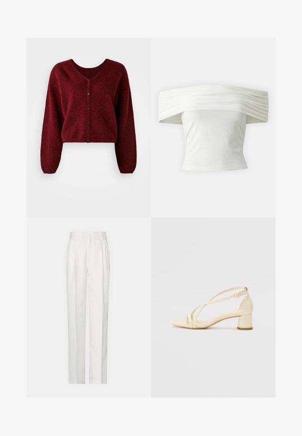 Cardigan curto cor burgundy feito de material felpudo, com decote em V, fecho de botão e mangas longas e largas.; Top branco off-the-shoulder com decote plissado e estruturado e corpete ajustado. Feito de um tecido suave com uma textura lisa.; Calças brancas com riscas verticais e um design de perna reta, feitas de um tecido leve. Apresentam pregas na frente e uma cintura tradicional.; Sandálias de salto bege com salto bloco, design com tiras e correia no tornozelo ajustável, feitas de material sintético liso com acabamento mate.