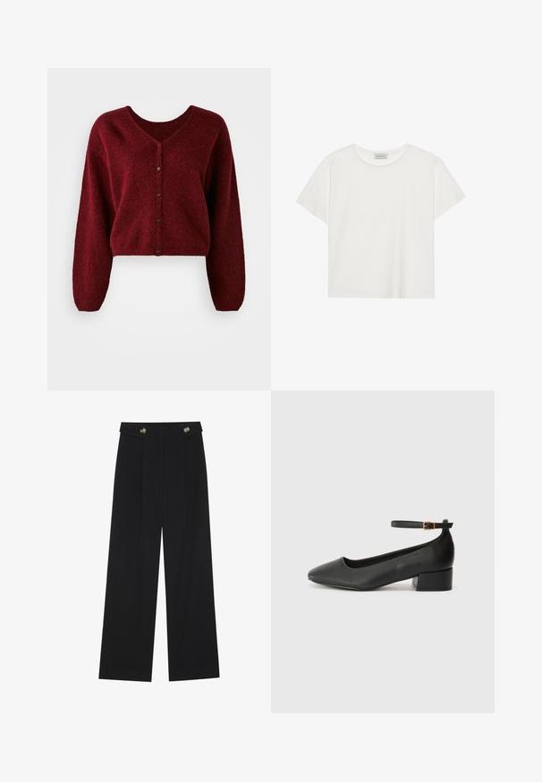 Geknipte bordeaux cardigan gemaakt van pluizig materiaal met een V-hals, knoopsluiting en lange, losse mouwen.; Witte T-shirt met korte mouwen, gemaakt van zachte katoen. Heeft een ronde halslijn en een relaxte pasvorm. Schoon ontwerp zonder zichtbare patronen of accenten.; Zwarte wijde broek met hoge taille, knoopdetails op de tailleband en plooien aan de voorkant.; Zwarte leren pump met een spitse neus en een lage blokhak. Beschikt over een enkelband met een goudkleurige gespsluiting. Gladde textuur.
