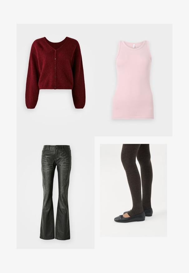 Cropped burgundy cardigan made of fluffy material with a V-neck, button closure, and long, loose sleeves.; Light pink tank top made of soft, stretchy fabric. Features a round neckline and narrow shoulder straps, with a smooth texture and fitted shape.; Black faux leather flared jeans with front pockets, a metal button closure, and a slightly textured surface. Straight leg with a long cut.; Black flat shoes with a small bow detail at the toe, paired with dark brown ribbed tights. Shoes have a smooth texture and low profile.