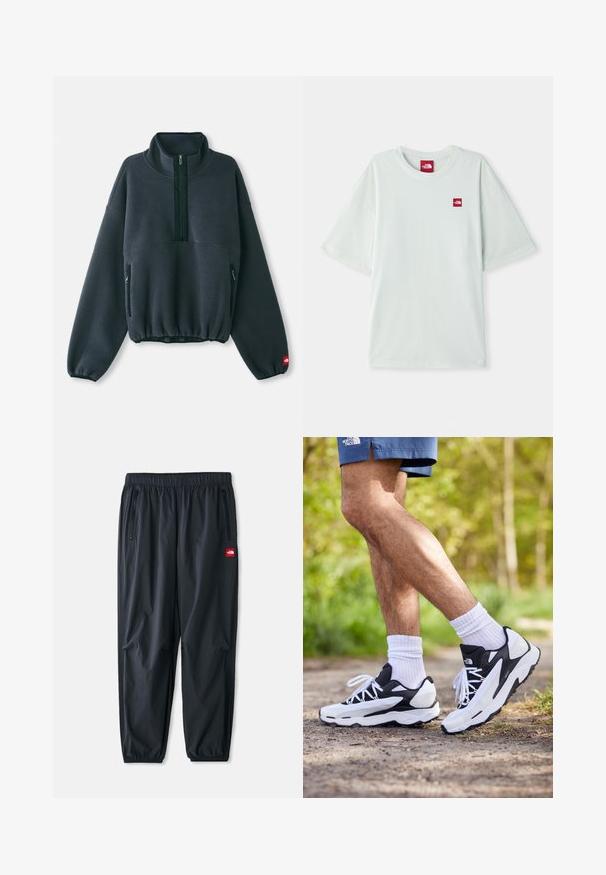 Mörkgrå fleecepullover med hög krage, halvdragkedja framtill, elastisk nederkant och sidofickor med dragkedja. Har en texturerad yta.; Ljusgrön kortärmad t-shirt i mjuk bomull, med en liten röd logotag på vänster bröstområde. Avslappnad passform och rund halsringning.; Svarta lätta byxor i syntet material, med elastisk midja, dragkedjefickor på sidorna och en liten röd logotyp.; Svartvita träningsskor med mesh-överkappa, texturerade detaljer och vita snören. Bärs med vita ankelsockar och marinblå shorts på en stig.