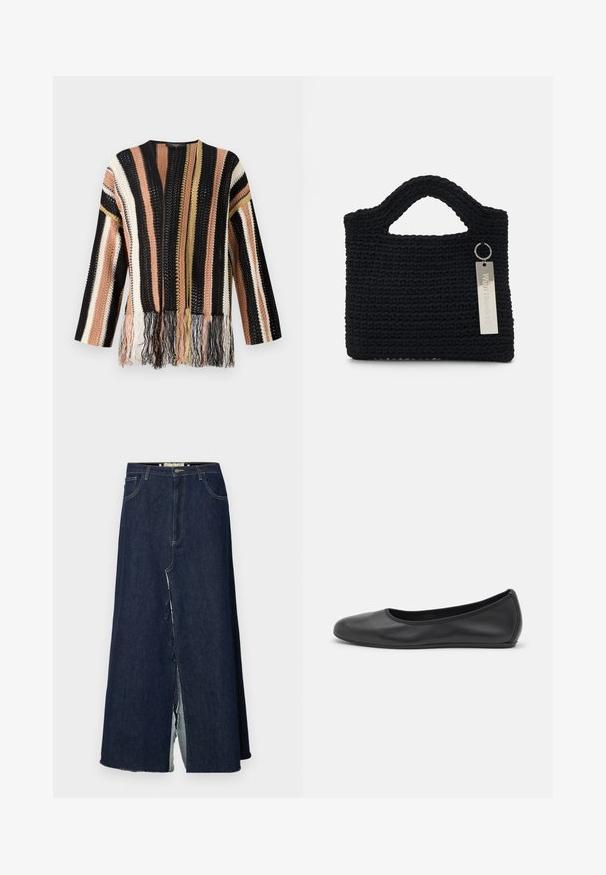 Gebreid pullover met meerkleurige strepen in zwart, perzik, crème en goud. Heeft franjes aan de onderkant en een ronde halslijn.; Zwarte blouse met een ronde kraag, voorzien van doorschijnende kantpanelen, ruches en textuurpatronen. Lange mouwen met elastische manchetten.; Donkerblauwe denim lange rok met een split aan de voorkant. Bevat een traditionele vijf-pocket ontwerpelement en zichtbare stikselaccenten. De zoom is rafelig.; Zwarte leren ballerina met een ronde neus, gladde textuur, minimale stikdetails en een flexibele zoolontwerp.; Won Hundred MARSIELLE COMPUTER BAG UNISEX - Laptoptas - black