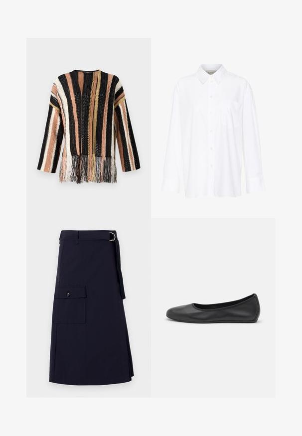 Trikotāžas džemperis ar daudzkrāsainām svītrām melnā, persiku, krēmkrāsas un zelta krāsā. Ar ponebārba dekorācijām ap apakšu un apaļu izgriezumu.; Baltais garo piedurkņu krekls ar apkakli, izgatavots no kokvilnas. Aprīkots ar pogu aizdari priekšā un vienu krūšu kabatu. Gluda tekstūra, brīvs piegriezums.; Jūras zila kleita ar strukturētu dizainu, kas piedāvā sānu kravas kabatu un metāla D-gredzena jostas akcentu. Izgatavota no izturīga auduma.; Melna ādas baleta kurpe ar noapaļotu purngalu, gludu tekstūru, minimālu šuvju detalizāciju un elastīgu zoles dizainu.