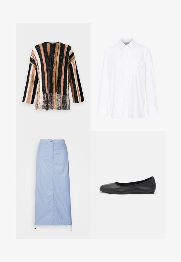 Pulover tricotat cu dungi multicolore în negru, piersică, crem și auriu. Prezentă detalii din ciucuri la tiv și un decolteu rotund.; Cămașă albă cu mânecă lungă și guler, fabricată din bumbac. Are un închidere cu băta pe față și un singur buzunar pe piept. Textură netedă, croială lejeră.; Fustă bleu deschis, de lungime medie, confecționată dintr-un material fin și ușor, cu o croială dreaptă, având o închidere frontală cu nasturi și tiv cu șnur.; Balerini din piele neagră, cu vârf rotund, textură netedă, detalii de cusătură minimale și un design al tălpii flexibil.