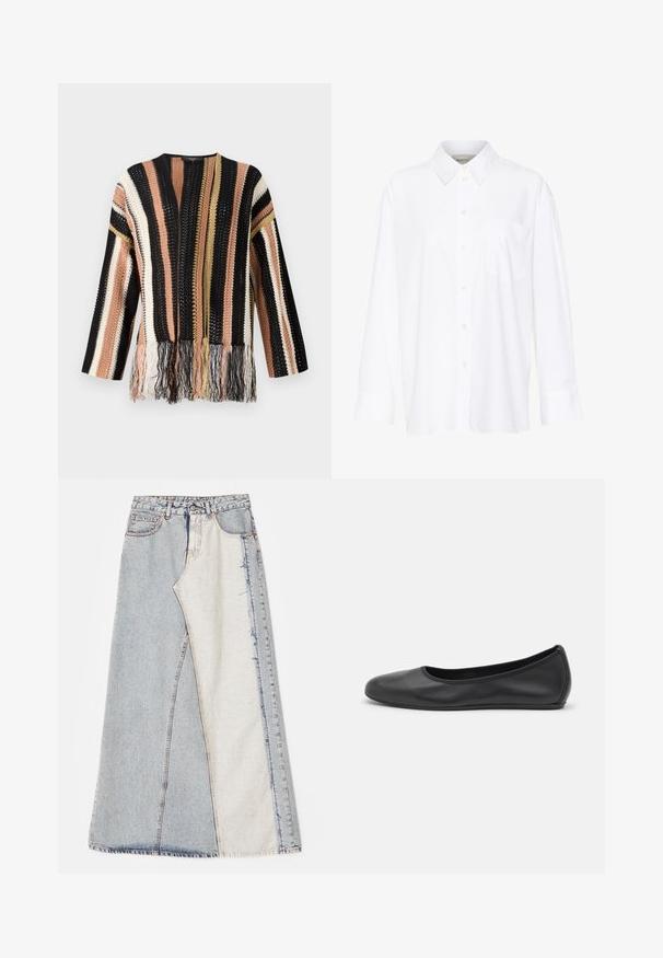 Pull en tricot avec des rayures multicolores en noir, pêche, crème et or. Possède des détails à franges à l'ourlet et un col rond.; Chemise blanche à manches longues avec col, en coton. Présente un devant à boutons et une poche poitrine unique. Texture lisse, coupe décontractée.; Jupe en denim avec un motif patchwork composé de sections bleues clair et moyen, ourlets effilochés et taille haute. Style classique à cinq poches.; Ballerines en cuir noir avec un bout rond, texture lisse, détails de couture minimalistes et design de semelle flexible.