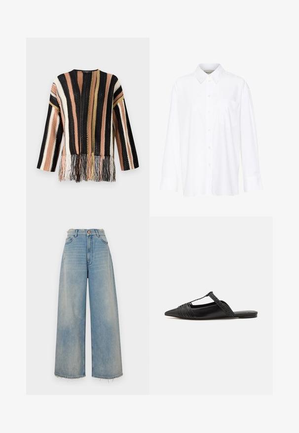 Maglione a maglia con strisce multicolori in nero, pesca, crema e oro. Presenta dettagli in frangia all'orlo e un collo rotondo.; Camicia bianca a maniche lunghe con colletto in cotone. Caratterizzata da una chiusura con bottoni e una tasca sul petto singola. Tessuto liscio, vestibilità comoda.; Jeans in denim azzurro chiaro a gamba larga con orlo sfilacciato, cinque tasche e chiusura con bottone. Presentano leggere abrasioni sulla parte anteriore.; Scarpa slingback in pelle nera con punta appuntita, con un dettaglio intrecciato e un design superiore plissettato. Suola piatta con hardware minimale.