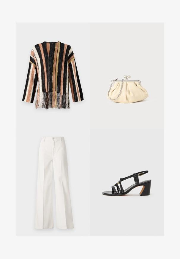 Knit pullover with multicolored stripes in black, peach, cream, and gold. Features fringe detailing at the hem and a round neckline.; White ribbed short-sleeve top with a wide neckline. The texture features vertical stripes, emphasizing a snug fit and simple design.; White wide-leg trousers made from cotton with a smooth texture. Features a front button, zipper fly, and four-pocket design.; Paul Smith AMIRA - Classic heels - black; Pleated beige leather clutch with a silver metal frame, featuring two round decorative clasps and a silver chain strap.