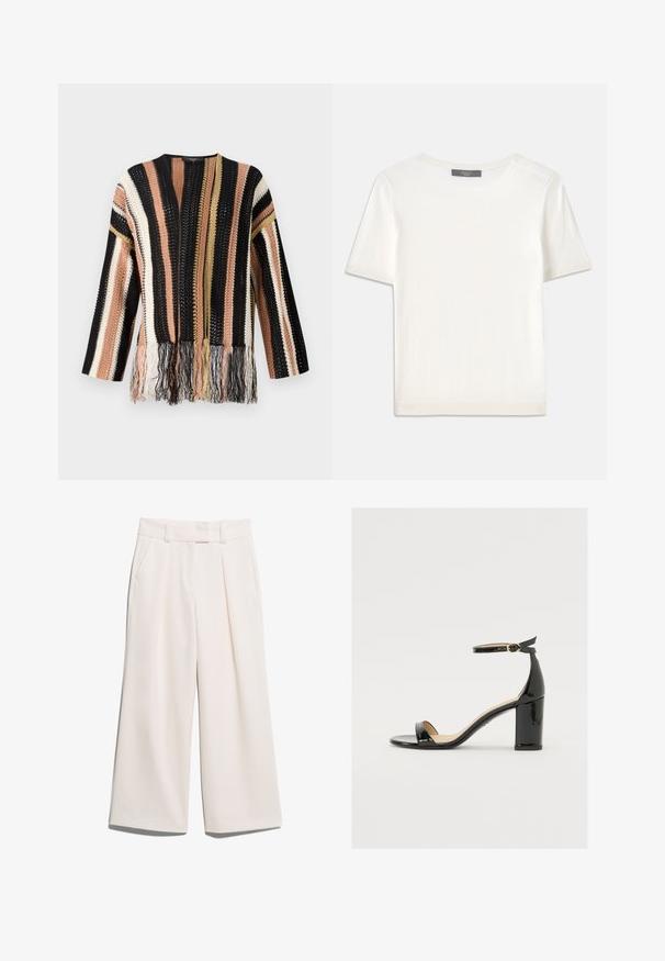 Knit pullover with multicolored stripes in black, peach, cream, and gold. Features fringe detailing at the hem and a round neckline.; White short-sleeve knit top with a round neckline, featuring a smooth texture and subtle ribbed accents at sleeves and hem.; Wide-leg trousers in a light cream color, made of smooth fabric with two front pockets and visible stitching on the waistband.; Black patent leather sandal with a wide heel, open toe, and ankle strap featuring a gold buckle. Smooth texture and sleek design.