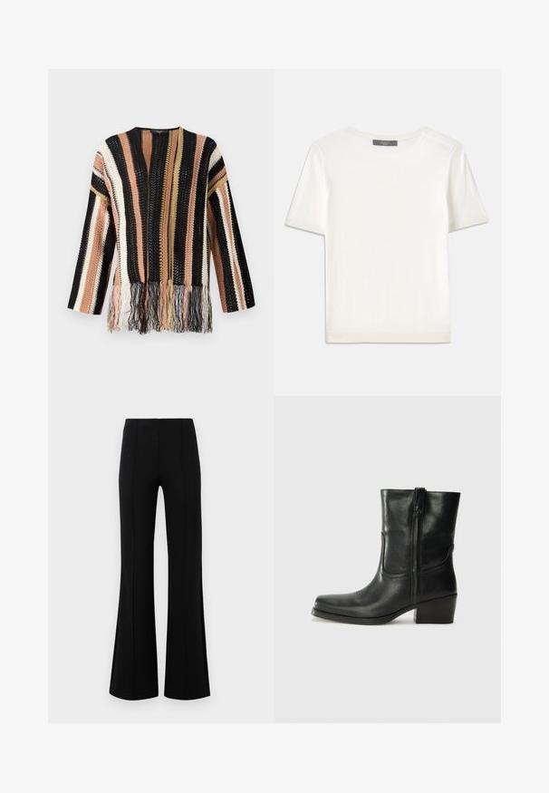 Knit pullover with multicolored stripes in black, peach, cream, and gold. Features fringe detailing at the hem and a round neckline.; White short-sleeve knit top with a round neckline, featuring a smooth texture and subtle ribbed accents at sleeves and hem.; Black flared pants with a high waist, made of stretchy fabric. Features vertical seam details on the front and a smooth texture.; Black leather ankle boot with a rounded toe, block heel, side zipper, and stitching accents on the vamp. Smooth texture, classic design.